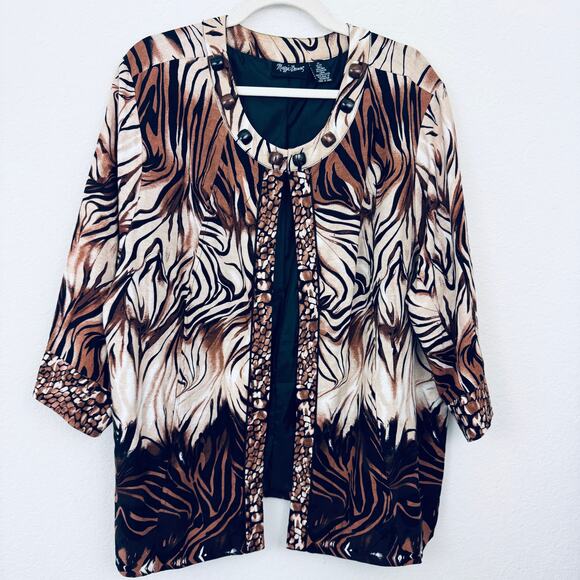 Maggie Barnes Women Jacket Size 2X Animal Print Linen Blend Open Black Brown - Picture 1 of 8